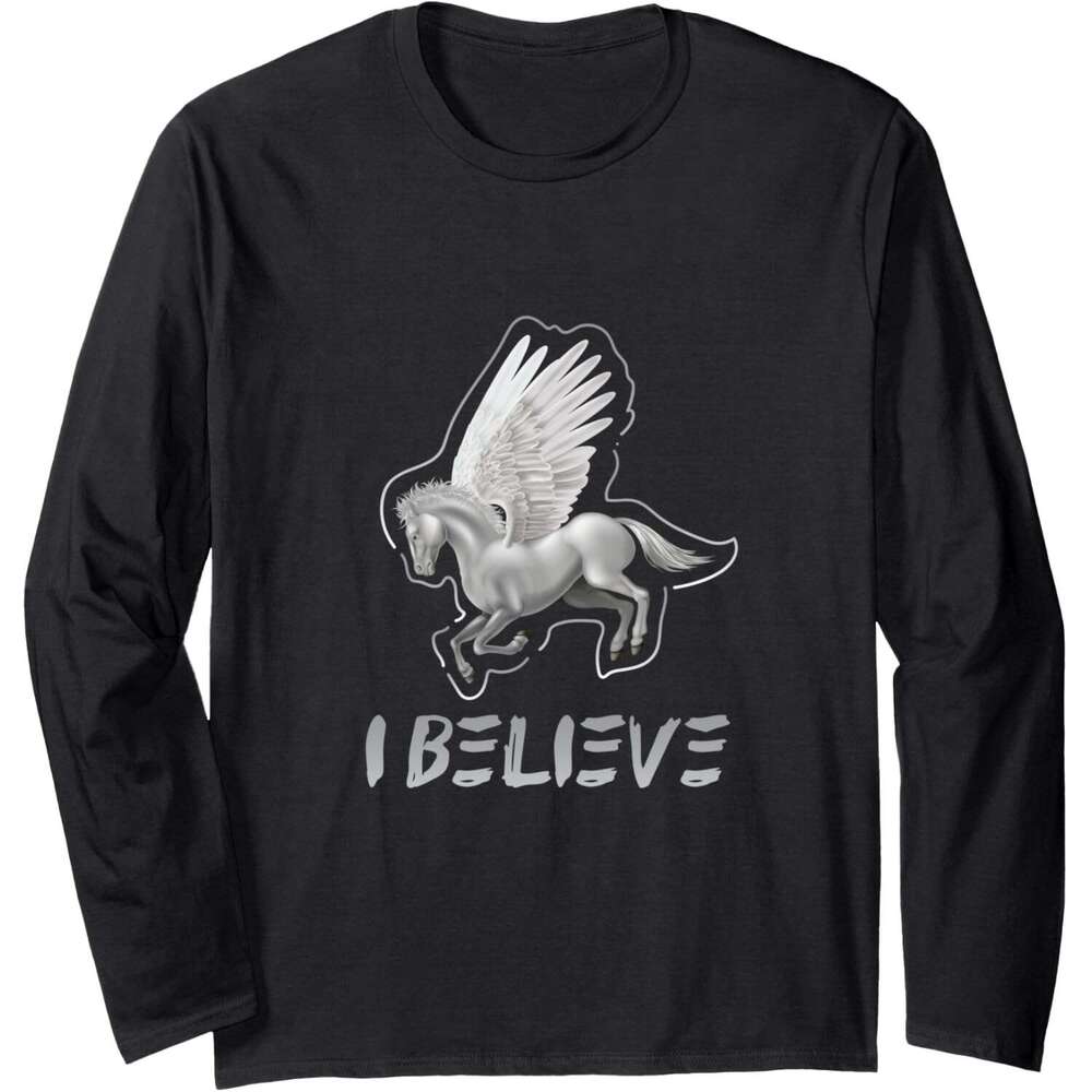 Long Sleeve Shirts For Men Sweatshirt I Believe Flying White Pegasus Unicorn Funny Gift Tee Streetwear Casual Tops Free shipping