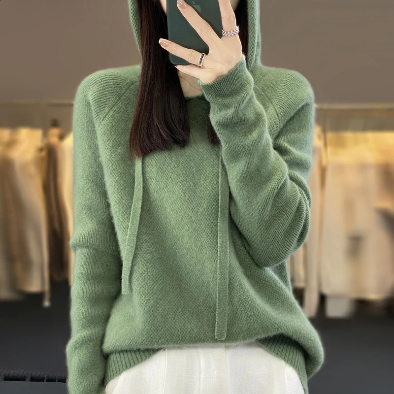 Autumn Thick Hooded Cashmere Sweater 100% Merino Wool Womens Knitted Hoodie Fashion Honeycomb Long Sleeve Top 241007
