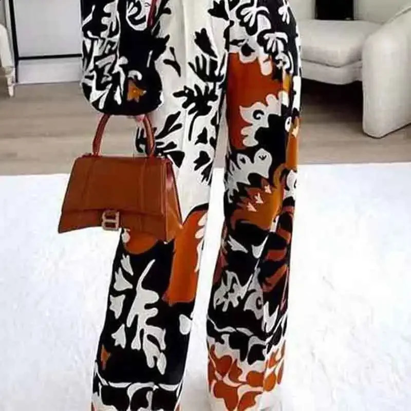 Fashions Printed Two Piece Set Women Autumn Pant Sets Lapel Long Sleeve Shirts High Waist Wide Leg Pants Suits Casual 240826