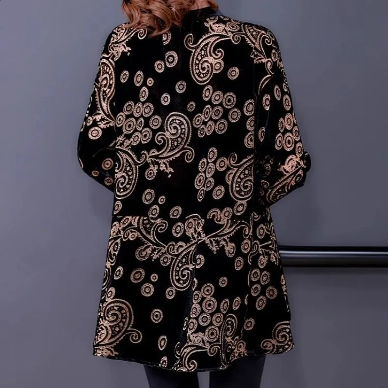 Womens round neck gold velvet T-shirt autumn/winter print polka dot long sleeved loose zipper top 240826
