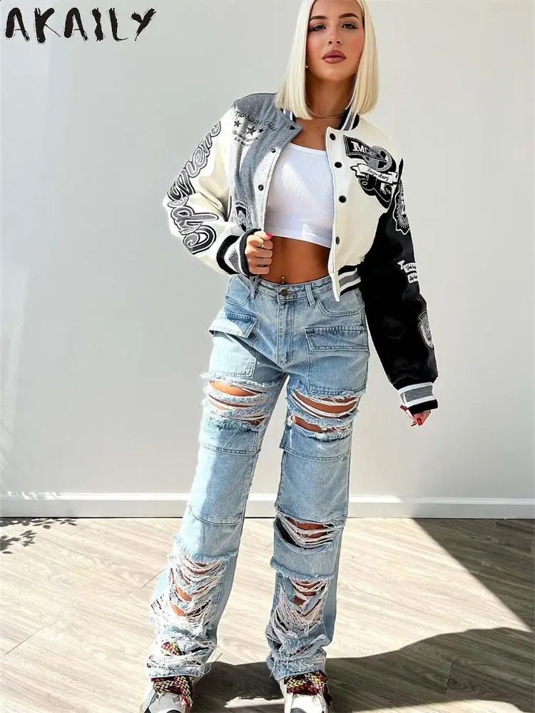 Akaily Gray Fashion Graphic Print Bomber Jackets Streetwear Outfits Women Fall Winter Button Fly Patchwork Baseball Jackets 240827