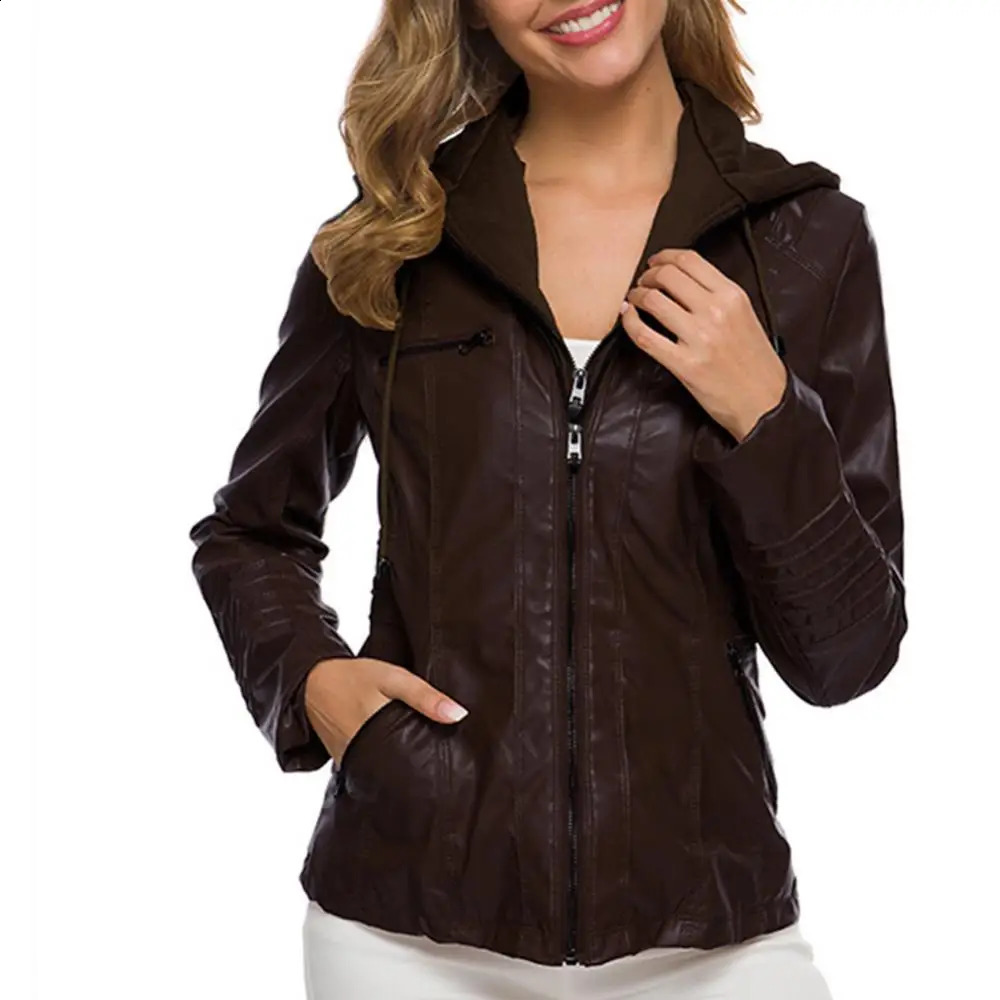 Womens artificial leather jacket solid color zipper motor jacket outerwear outerwear with pockets autumn and winter womens clothing 240827