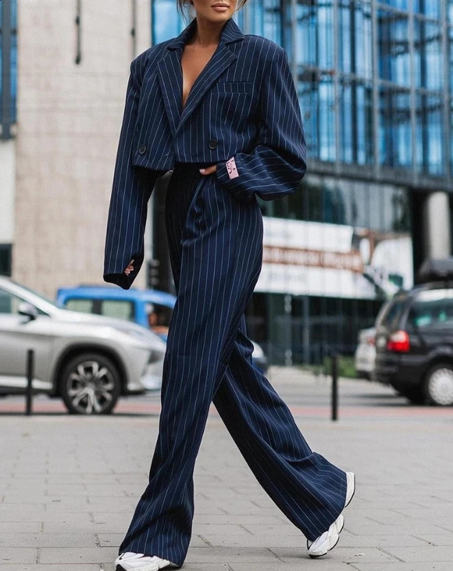 Two Piece Set Woman Short Blazer and Pants Set Elegant Long Sleeve Notched Collar Striped Work Coat Straight Leg Pants Suit 240826