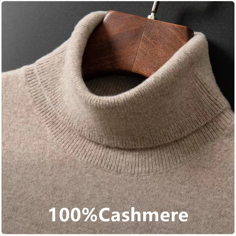 100% Cashmere Turtleneck Men Pullovers Autumn Winter Soft Light Warm Rolled Neck Jumper Pull Homme Knitted Sweater 240826