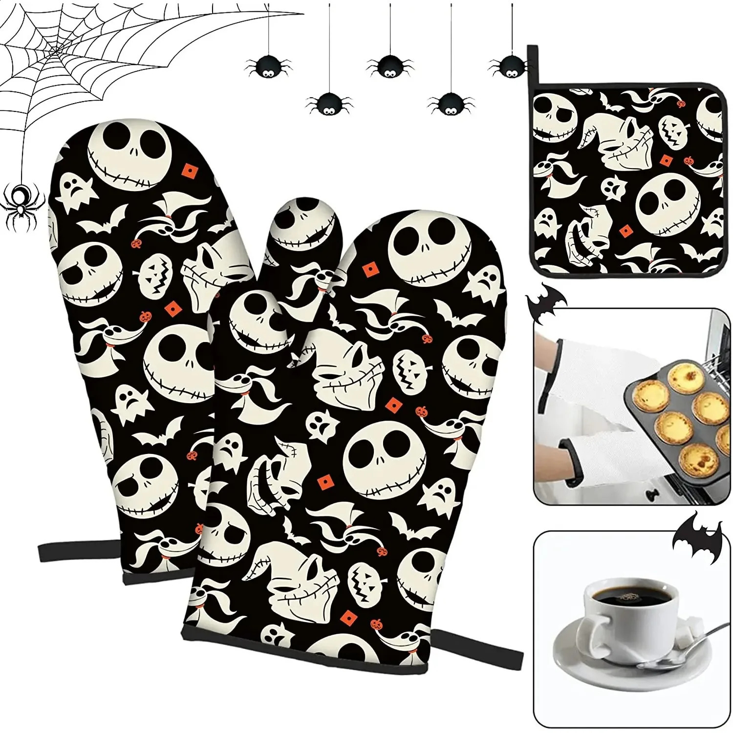 Halloween Oven Mitts and Pot Holders Sets Christmas Kitchen Heat Resistant Non-Slip Oven Gloves for Safe BBQ Cooking Baking 240826