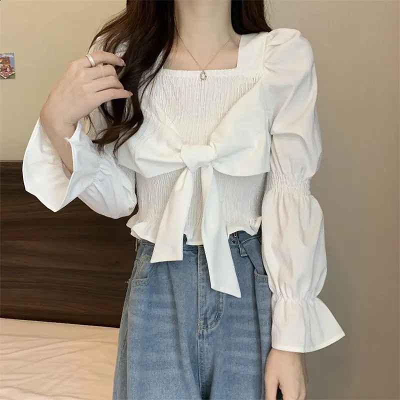Spring Sweet Bow Patchwork Pleated Shirt Tops Long Sleeve Solid Color Slim Short Blouse Fashion Elegant Women Clothing 240827