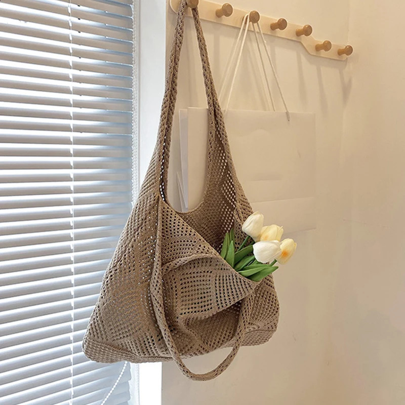 Trend Womens Bag Crochet Handbag Retro Knitted Solid Color Hollow Tophandle Tote Travel Shopper Shoulder 240914