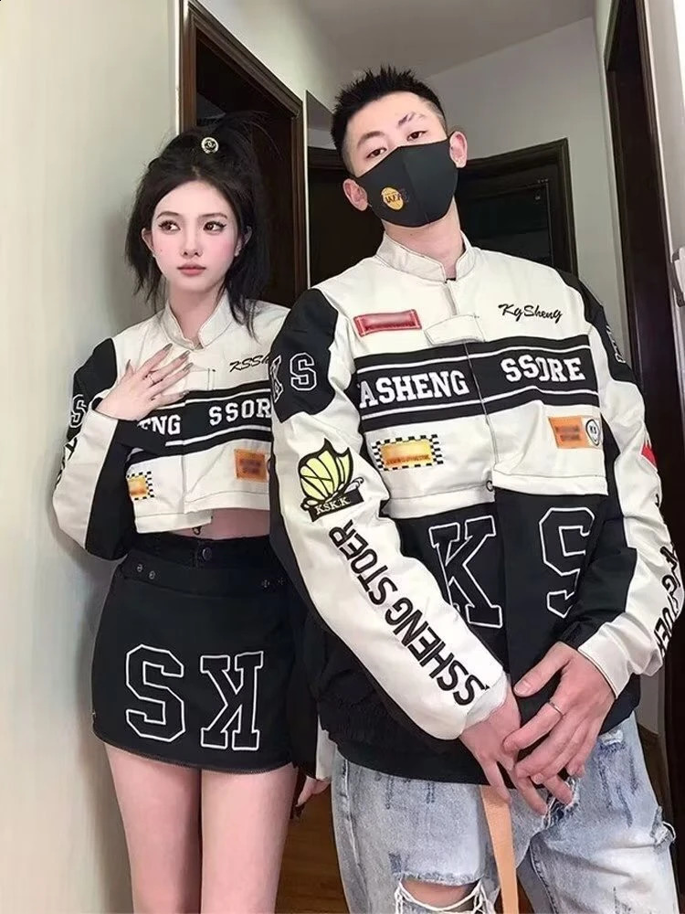 Spring Detachable Motorcycle Racing Jacket with Skirt Separation Set Women Vintage Motor Autumn Coat Korean Y2K Harajuku Clothes 240827