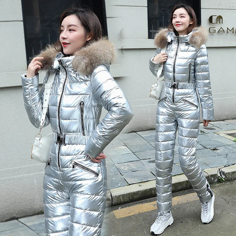 One piece ski suit womens jacket winter hooded Parka jumpsuit cotton bodysuit waist belt zipper 240826