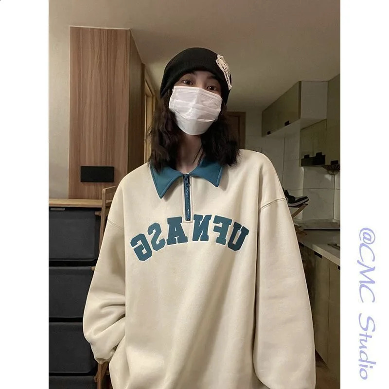 Polo collar hooded sweatshirt with letter printing for women thick autumn retro womens hooded sweatshirt casual long sleeved oversized top 240827