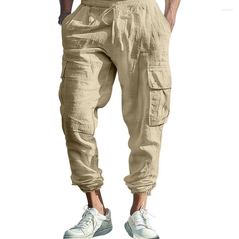 2025 S Fashion Designer Men S Pants Cross Border Cotton And En Casual Foot Tie Multi Pocket Tether Solid Color Large Size Drawstring Trousers
