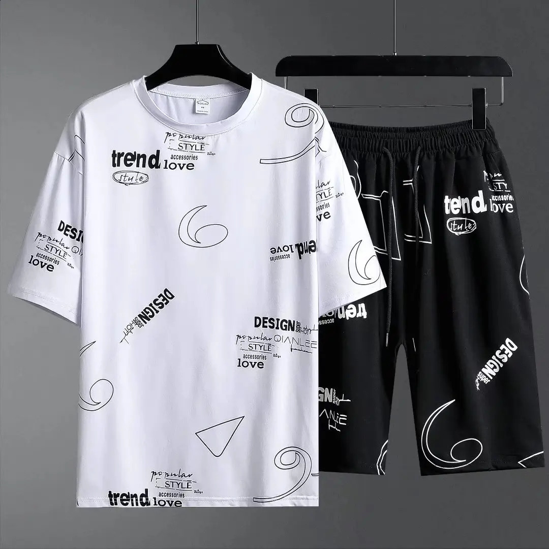 Summer tshirt shorts 2-piece set white tracksuit mens letter printing retro streetwear creative pattern mens short suit set 240827