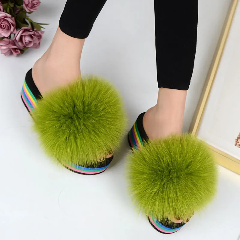 Fox Fur Slide Womens Fur House Fur Slide Plush Summer Rainbow High Heels Sweet Sandals 240827