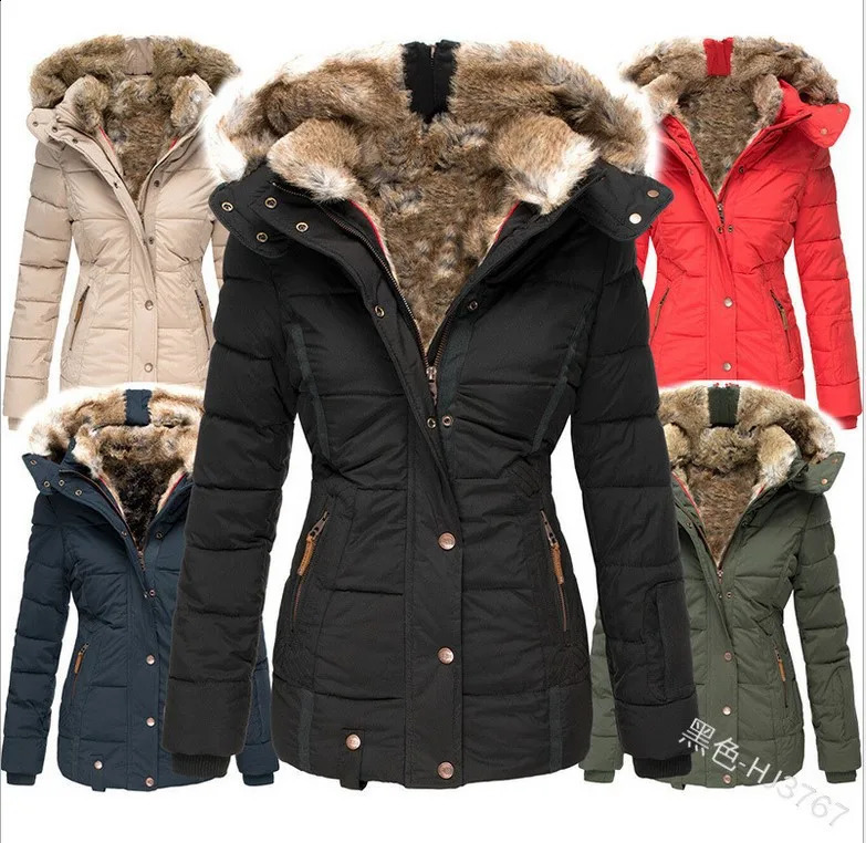 Womens autumn and winter jacket warm solid plush jacket buttons long ditch windproof cover Parka down jacket 240826