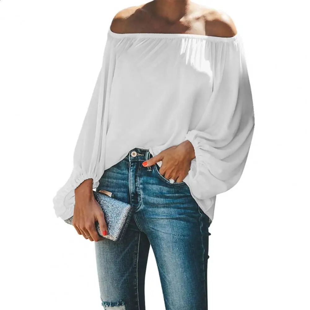 Solid Color Off Shoulder Women Shirt Spring Lantern Long Sleeve Women Blouse Dressing Up Elastic Collar Lady Shirt Streetwear 240827
