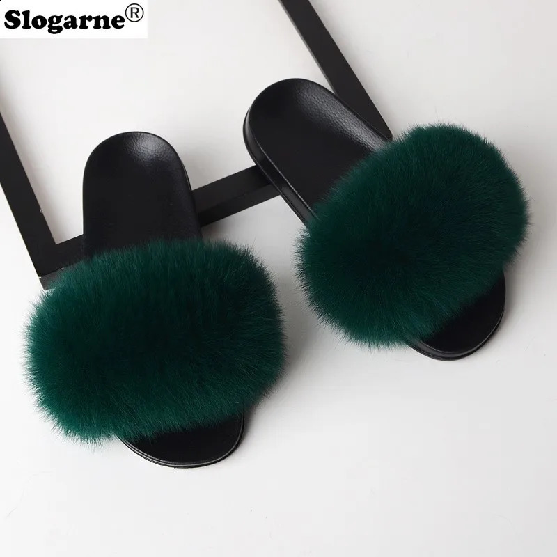 Real Fox fur slider womens outdoor leather slider unisex mens European colored Fox fur sandals 2024 womens sexy slider 240827