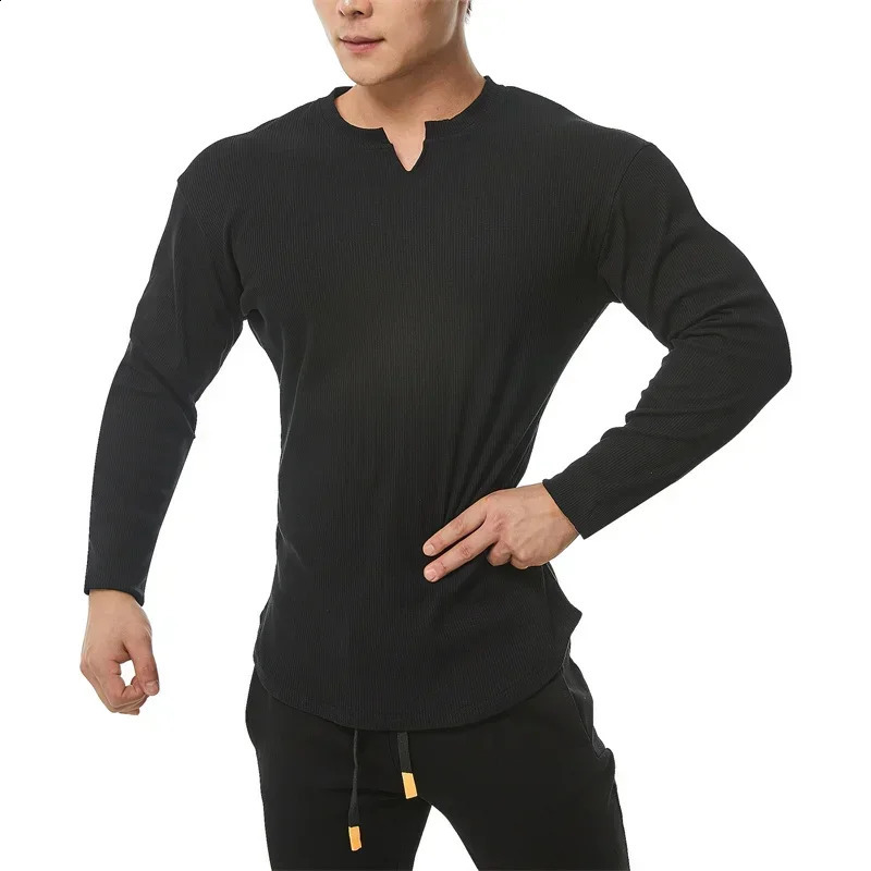 fashion casual compression shirt large sports exercise Tshirt mens elastic long sleeved autumn Vneck gym 240827