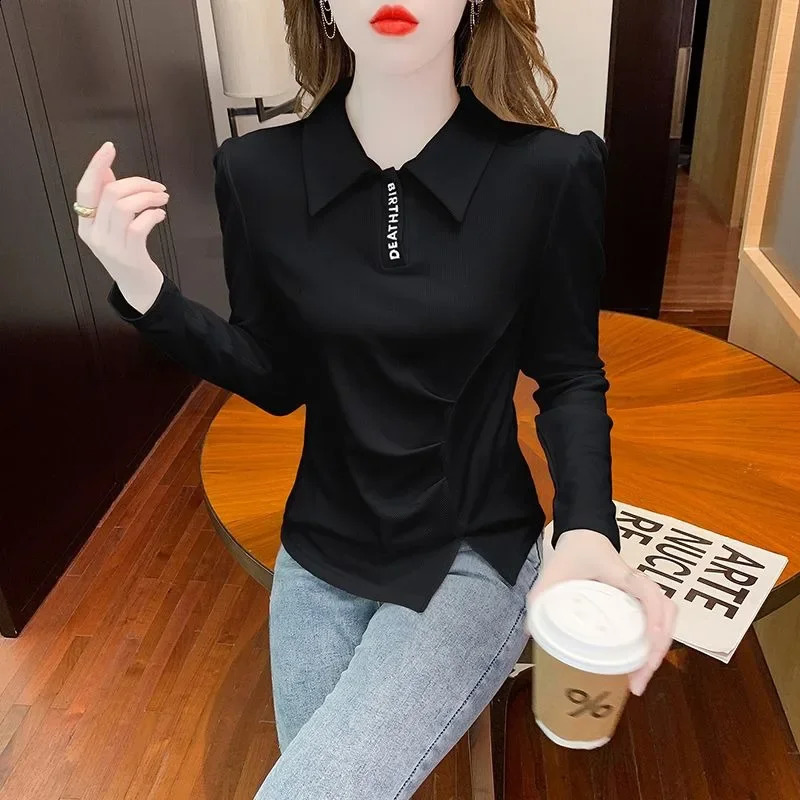 Business top plain weave polo neck womens long sleeved beautiful Korean clothing synthetic Y2k fashion 2025 womens T-shirt 240827