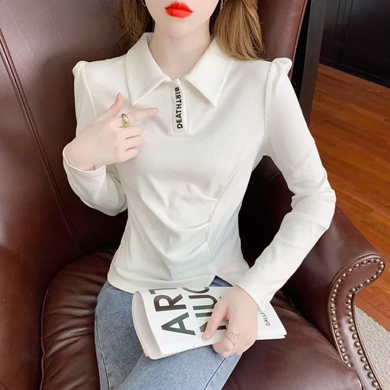 Business top plain weave polo neck womens long sleeved beautiful Korean clothing synthetic Y2k fashion 2025 womens T-shirt 240827