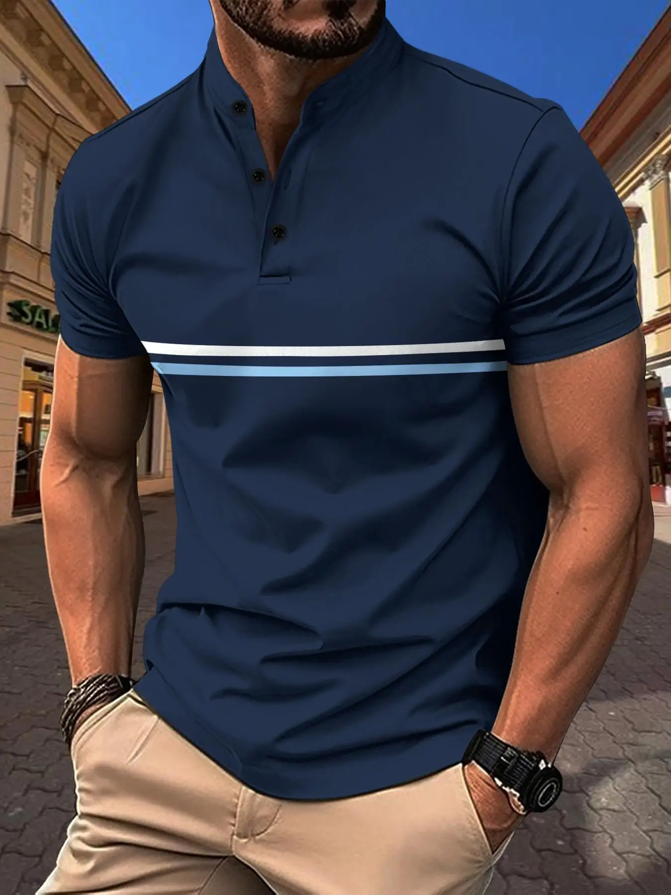Mens summer short sleeved Henley fashion striped mens polo shirt casual sports top Tshirt diagonal Natal 240827