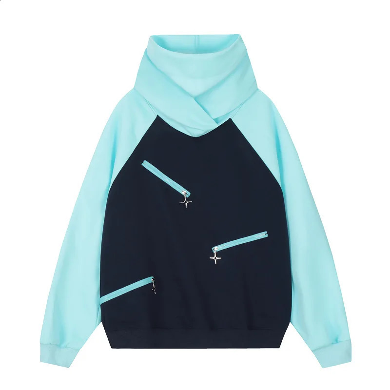 Hip Hop Clolor Block Patch Sweatshirt for Men Harakuju Retro Street Clothing Zipper Hoodie 240826