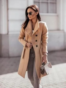 Casual wool coat womens autumn and winter fashion item lapel long sleeved button jacket office with belt 240826