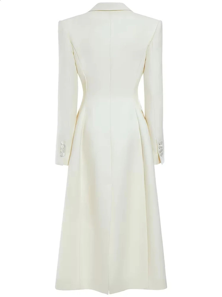 EAM Women Beige Slim Fit Elegant Midi Blazer Lapel Long Sleeve Waist Jacket Fashion Spring Autumn 1LD1881 240826