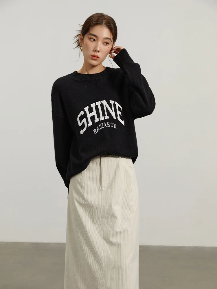 DUSHU Womens American Letter Printing Round Neck Retro Sweater Winter Black Grey 240826