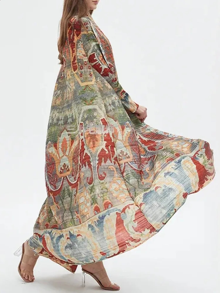 Lanmrem retro printed pleated windproof long contrasting color loose Scraf collar trench coat fashionable clothing 32C1093 240826