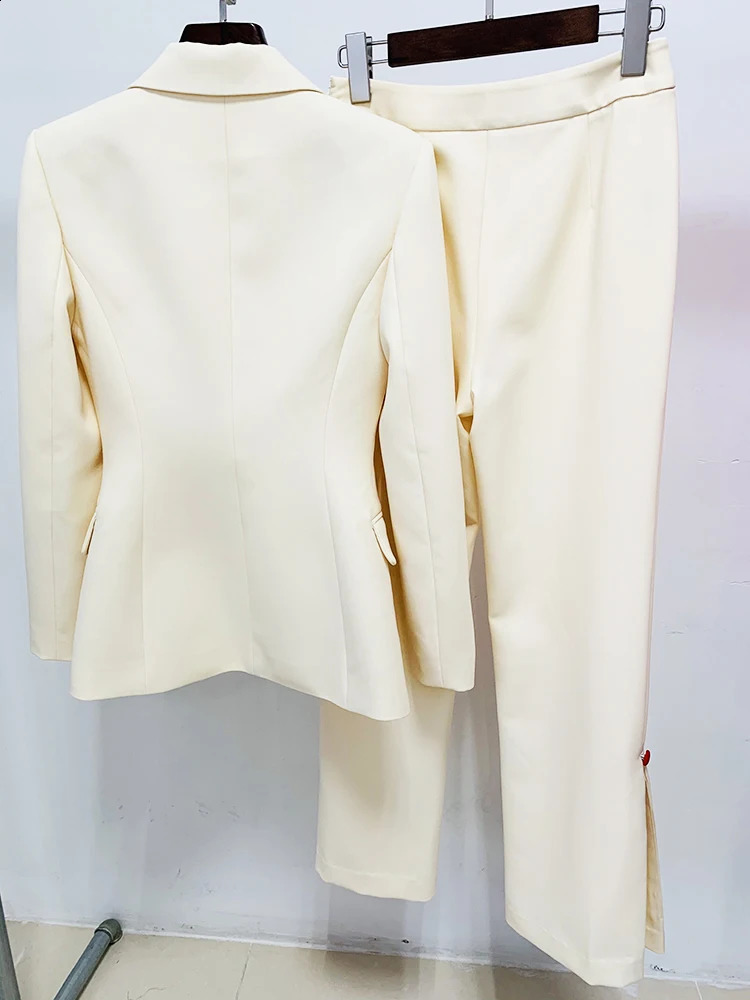 HIGH STREET est er Fashion Runway Suit Set Womens Stylish Color Buttons Trim Blazer Slit Pants Suit 240826