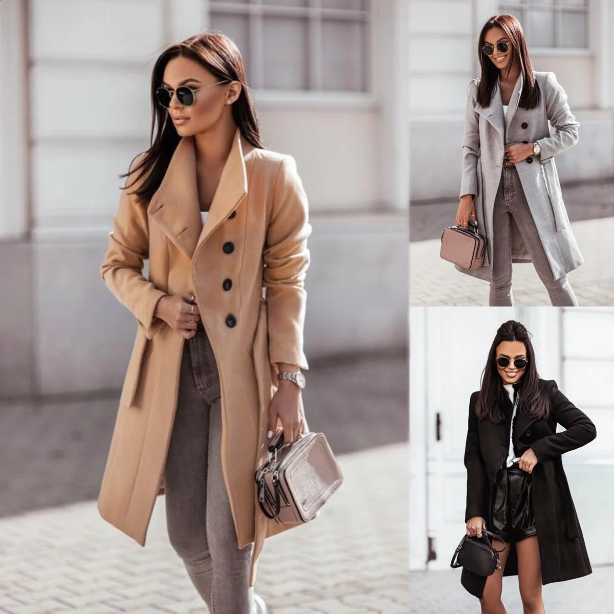 Casual wool coat womens autumn and winter fashion item lapel long sleeved button jacket office with belt 240826