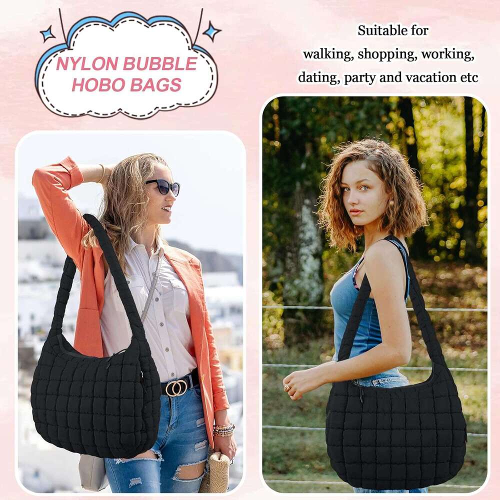 Quilted Puffer Tote Large Crossbody Shoulder Bag with Zipper, Nylon Hobo Oversized Handbag
