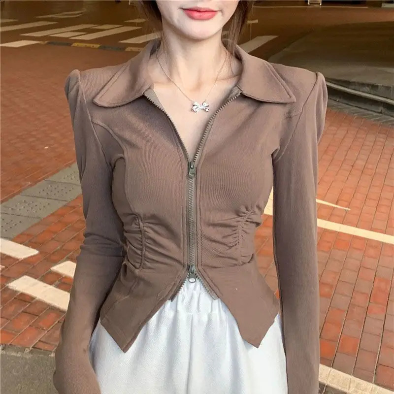 Double zipper jacket womens long sleeved cut jacket short top Y2k clothing ultra-thin street clothing polo neck cardigan 240827