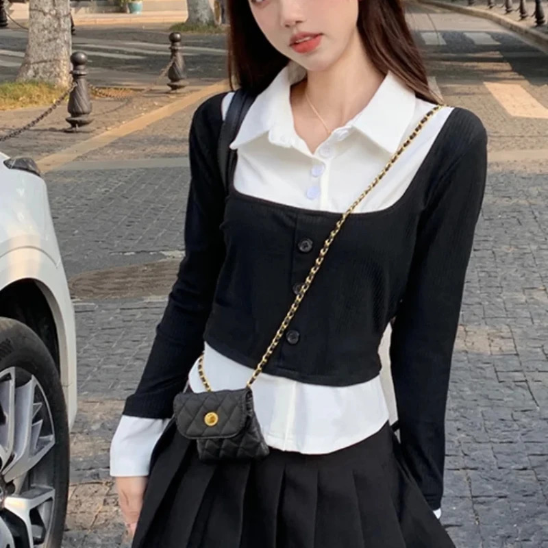 Womens basic polo neck T-shirt suitable for young and elegant womens long sleeved polyester Y2k fashionable style with high-quality collar 240827