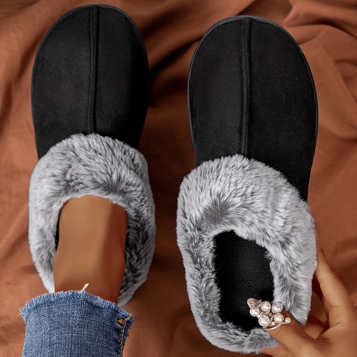 Fluffy Solid Color Cozy Slippers, Soft Sole Flat Closed Toe Plush Lined Shoes, Winter Non-slip Home Warm Shoes