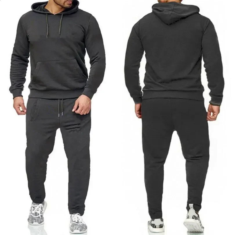 Classic mens solid color sportswear hooded sweatshirt and jogging pants high-quality mens daily casual sports hooded sweatshirt jogging set 240827