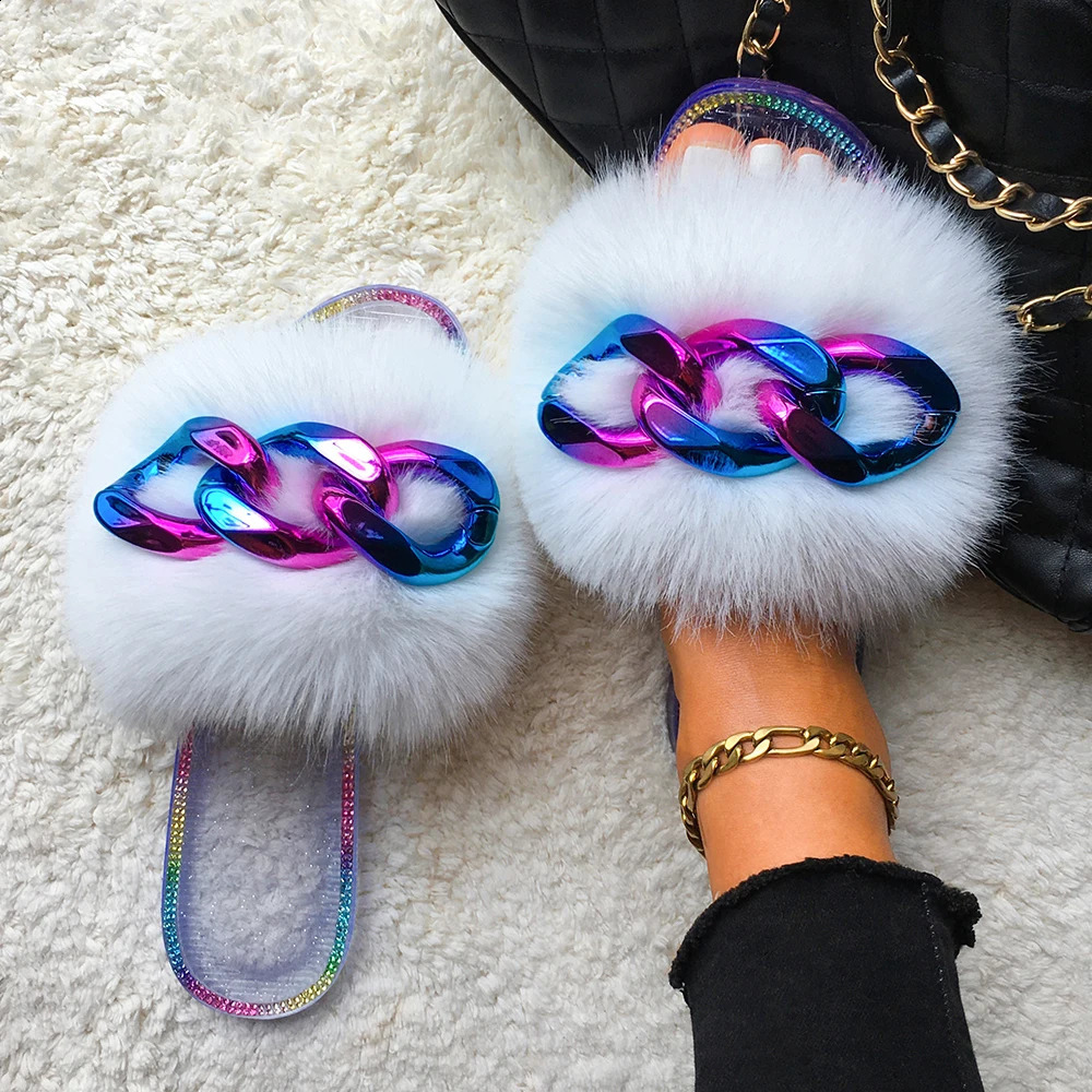 Womens fashion chain transparent slider summer jelly sandals womens faux fur slider beach fluffy flip cover 240827