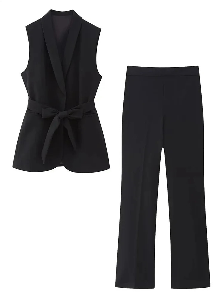 TRAF Womens Vintage Lapel Sleeveless Solid Colour Belted Vest Top Jacket and Blazer Pants Set Elegant Pant Suit 240826