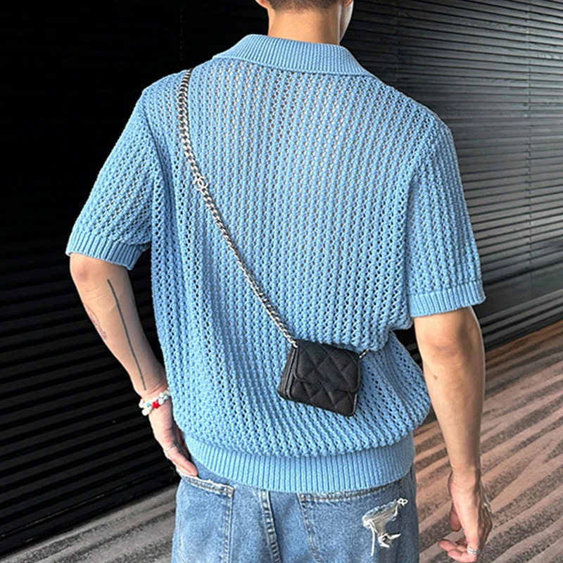 Fashion Turn-down Collar Knitted Polo Shirt Men Casual Short Sleeve Hollow Out Breathable Knit Tops Summer Mens Knitting Clothes 240827