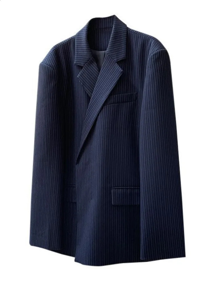 LANMREM Striped Blazer For Women Notched Single Button Long Sleeve Loose Jackets Spring Clothing 26D2884 240826