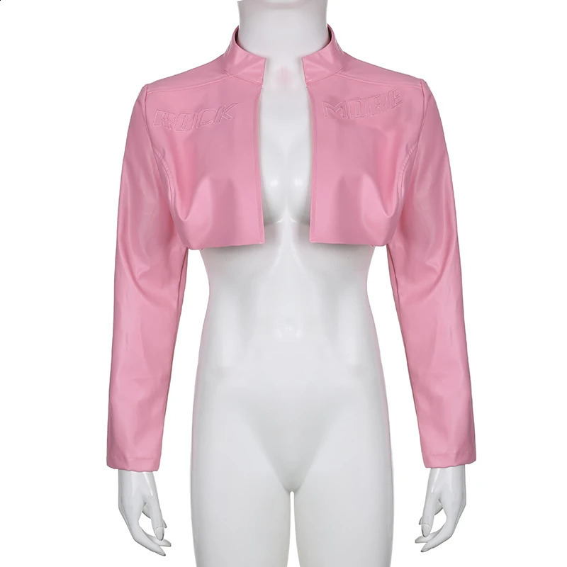 BIKPIIK Pink Pu Leather Fashion Jacket Letter Printed Full Sleeve Street Coat Womens Casual Autumn Winter Set 240827