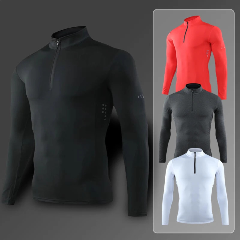 Mens tight fitting sports Tshirt long sleeved gym running clothing fitness compression sportswear zipper hiking Rashgar shirt 240827