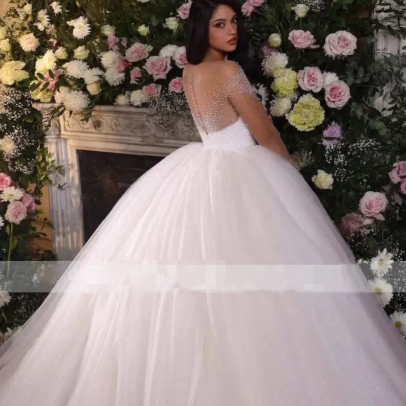 Classy Plus Size Beaded Wedding Dresses Square Neck Bridal Gowns Lace Long Sleeves A Line Sweep Train Satin Vestido De Novia 06
