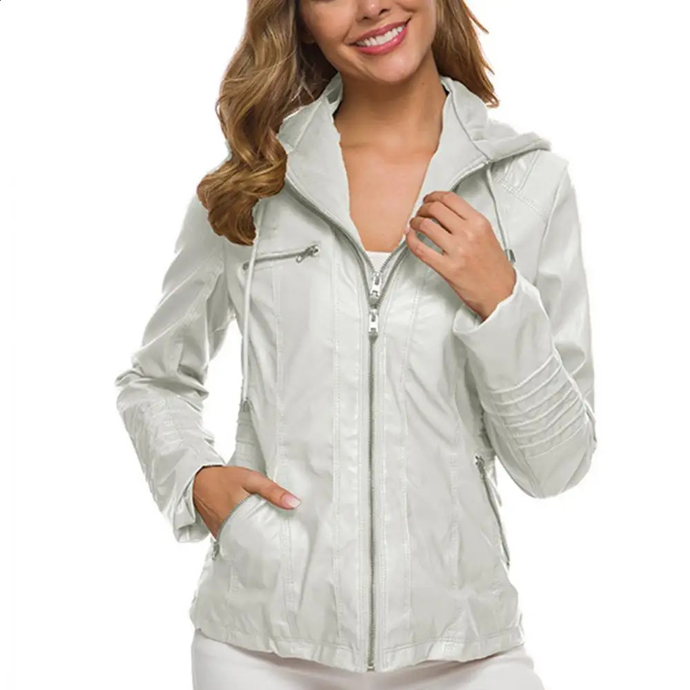 Womens artificial leather jacket solid color zipper motor jacket outerwear outerwear with pockets autumn and winter womens clothing 240827