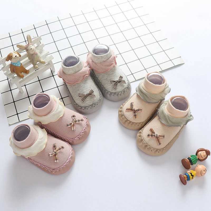 New butterfly bow childrens shoes cute PU leather edge soft sole baby shoes princess style anti slip newborn floor socks 6-18 months old M240827