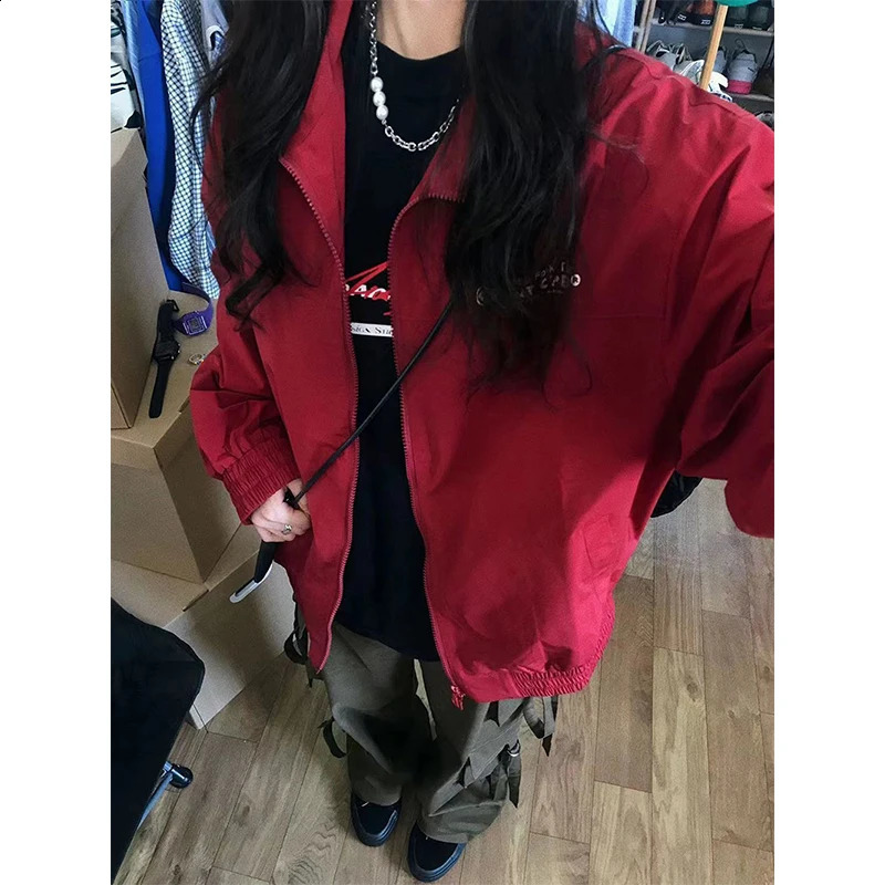 Streetwear Red Bomber Jackets Women Oversized Print Jacket Y2K Harajuku Zip Up Wind-Proof Outwear Korean Loose Casual Coat Tops 240827