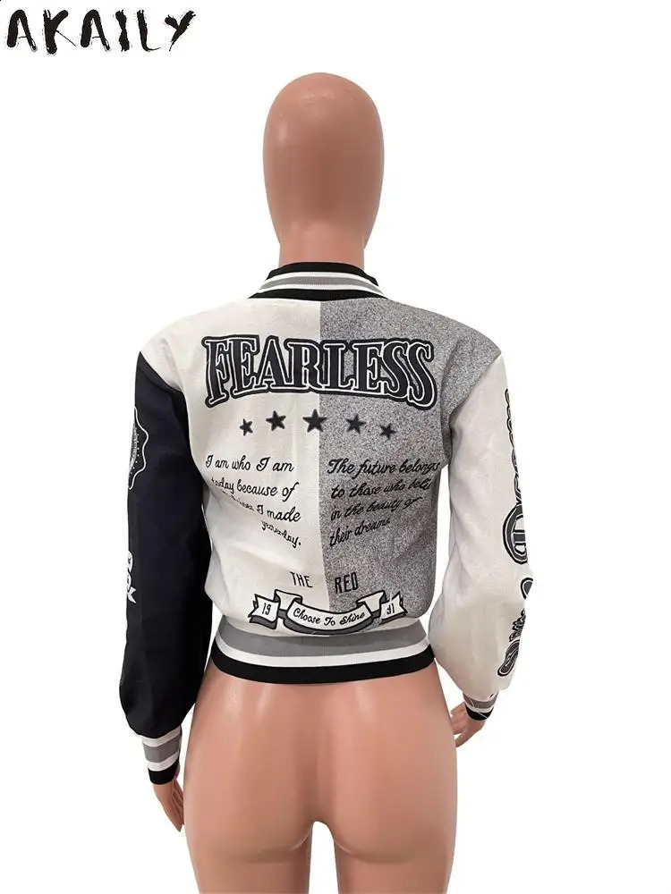 Akaily Gray Fashion Graphic Print Bomber Jackets Streetwear Outfits Women Fall Winter Button Fly Patchwork Baseball Jackets 240827