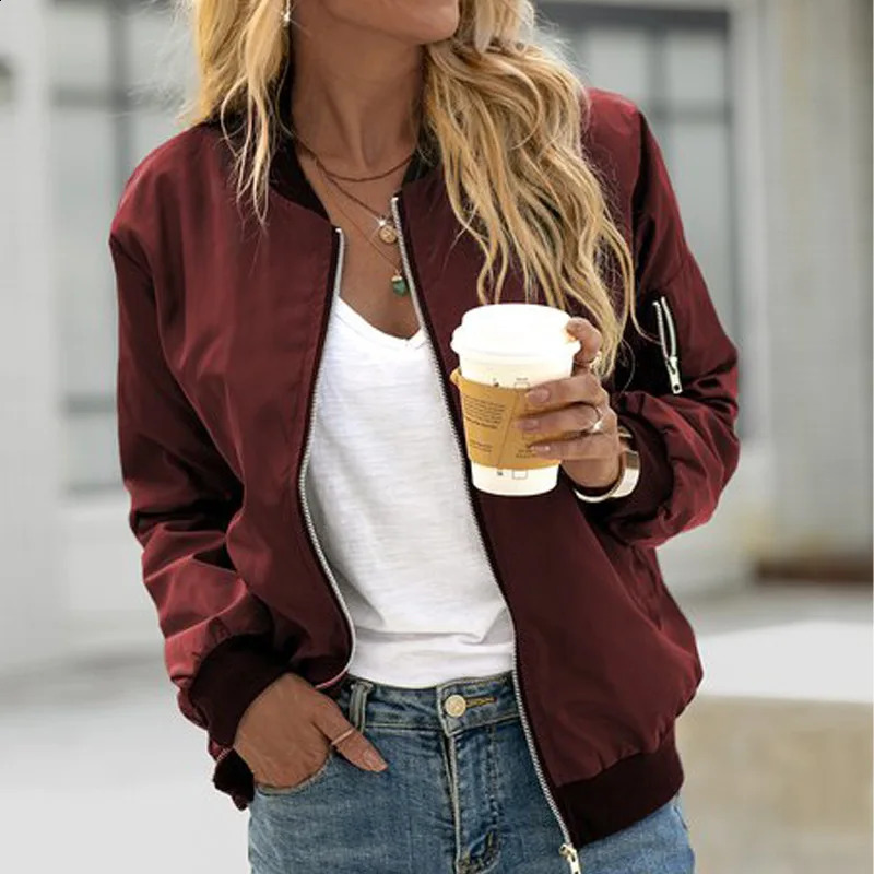 Solid color womens zipper pocket thin jacket elegant office long sleeved womens slim fit jacket autumn standing collar womens jacket 240827