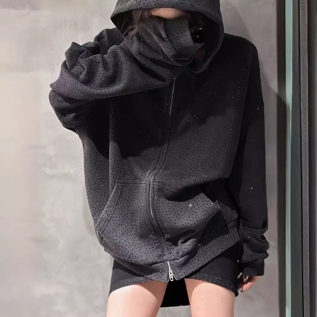 Spring/Summer New unisex Heavy Industry Full Body Hot Diamond Black/White Hooded Hoodie Coat