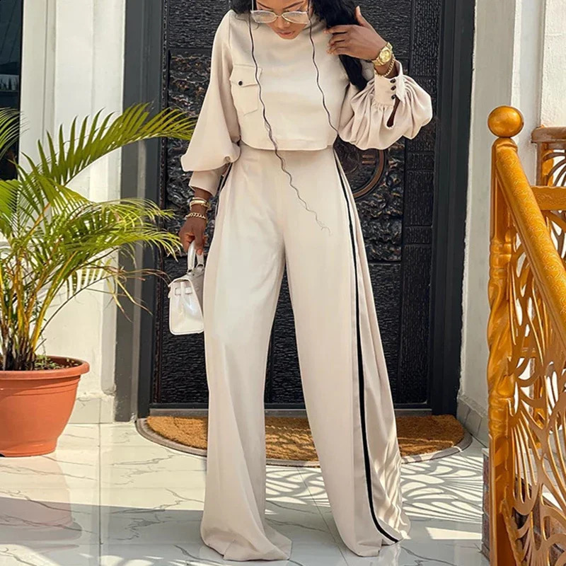 Fashion Long Sleeve High Street Set Half High Collar TopsWide-Leg Trousers 2pc Set Autumn Causal Solid Color Street Outfits 240826